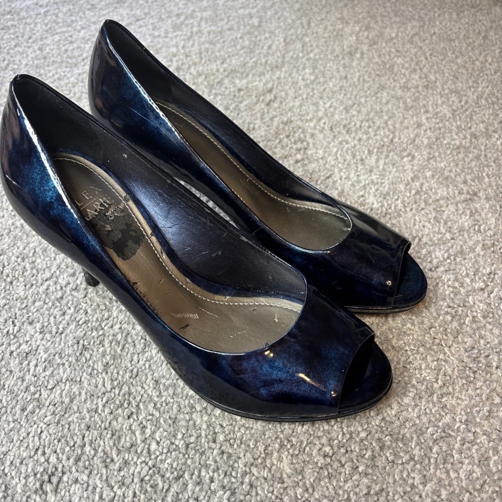 Alex Marie Peep Toe‎ Pumps Womens 7.5M Navy Blue Patent Platform Stiletto Heels